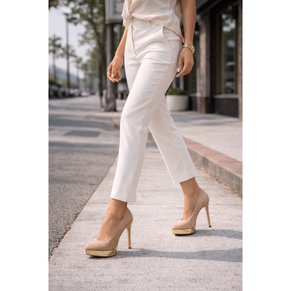 Charlotte Olympia Suede Platform Pumps Heel Shoes Beige Gold‎ Italy 39.5